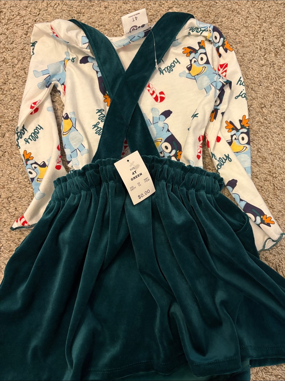 Bluey Holiday 'Merry' Velvet Suspender Skirt with Bluey Print Top - Teal - Picture 6 of 6